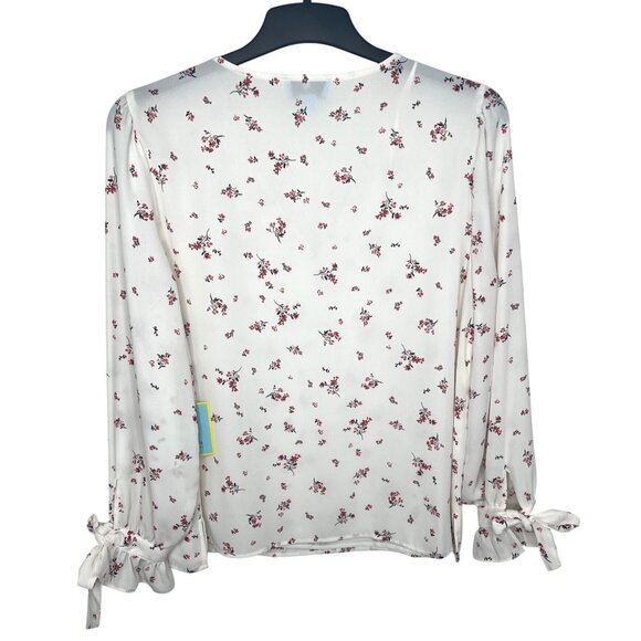 CeCe Breezy Sprigs Ecru Floral Print Long Sleeve V-Neck Tie-Cuff Blouse Large - Picture 2 of 15